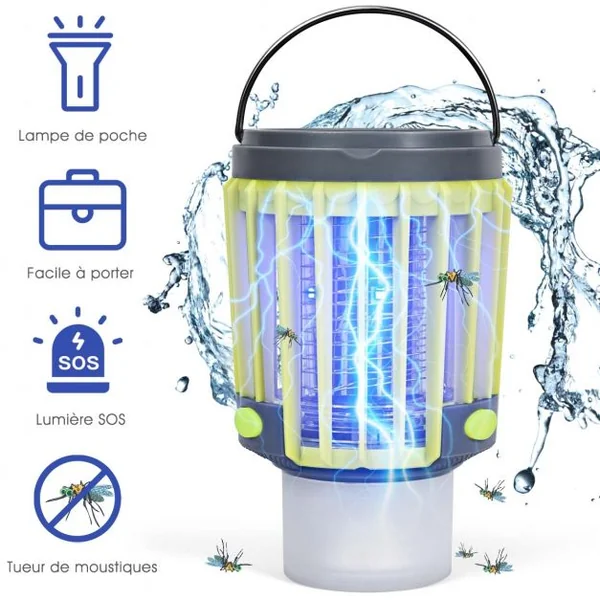 Lanterne de Camping Anti-moustique 3 en 1 Batterie Rechargeable 2200mah avec Eclairage de Secours 4 Modes D'Eclairage