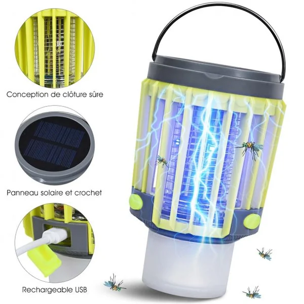 Lanterne de Camping Anti-moustique 3 en 1 Batterie Rechargeable 2200mah avec Eclairage de Secours 4 Modes D'Eclairage