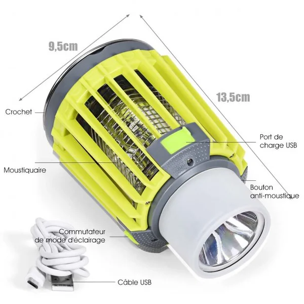 Lanterne de Camping Anti-moustique 3 en 1 Batterie Rechargeable 2200mah avec Eclairage de Secours 4 Modes D'Eclairage