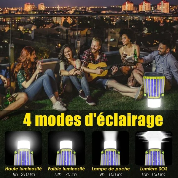 Lanterne de Camping Anti-moustique 3 en 1 Batterie Rechargeable 2200mah avec Eclairage de Secours 4 Modes D'Eclairage