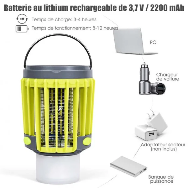 Lanterne de Camping Anti-moustique 3 en 1 Batterie Rechargeable 2200mah avec Eclairage de Secours 4 Modes D'Eclairage