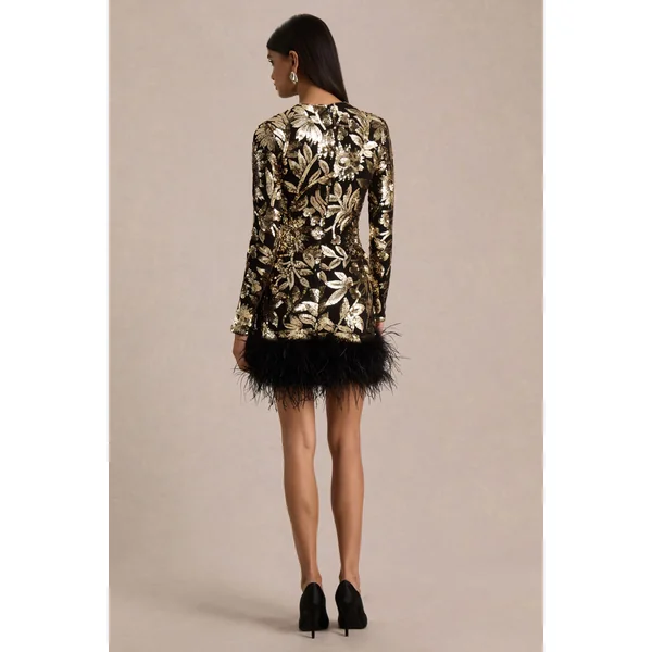 Lara | Mini-robe à col montant en sequins noirs et dorés avec ourlet orné de plumes