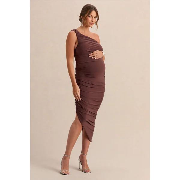 Late Night | Robe de maternité mi-longue marron à une épaule avec détails froncés
