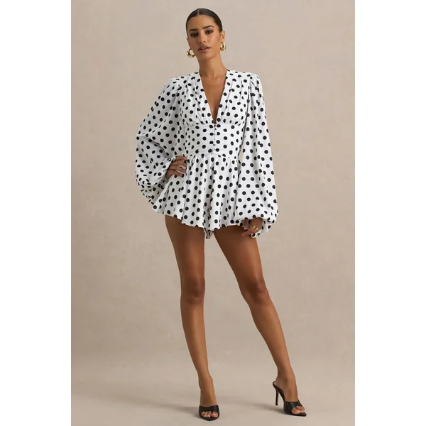 Laurel | Combishort blanc à pois décolleté en V et manches ballons