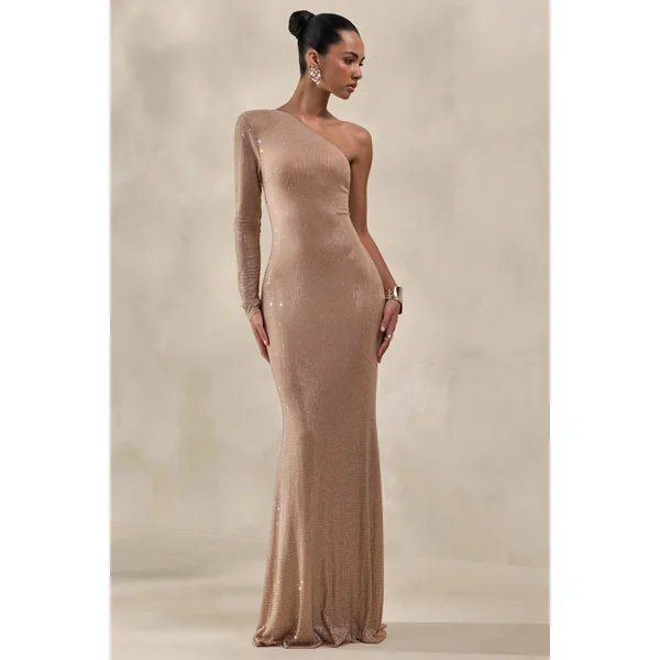 Laurine | Robe longue en strass nude à décolleté asymétrique
