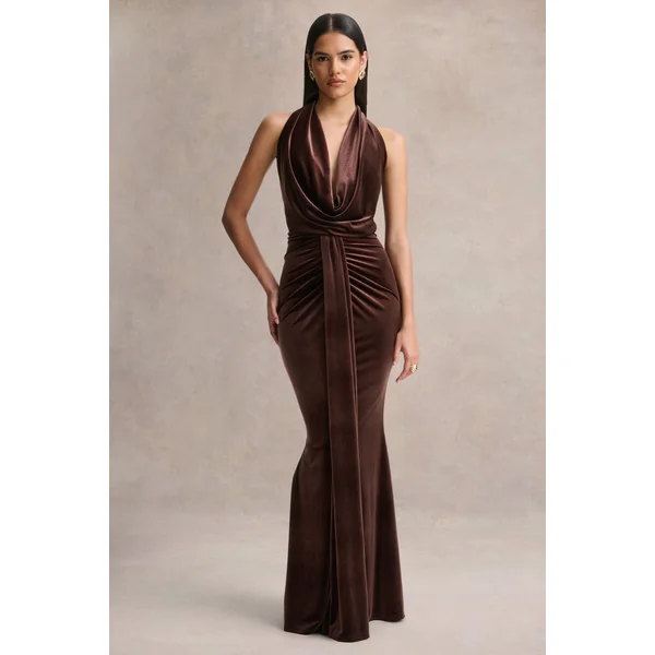 Lavernia | Robe longue brune à encolure licou avec détails froncés