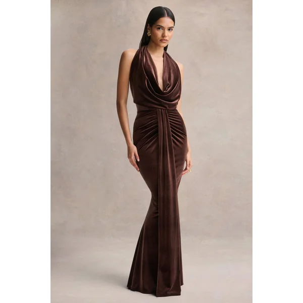 Lavernia | Robe longue brune à encolure licou avec détails froncés