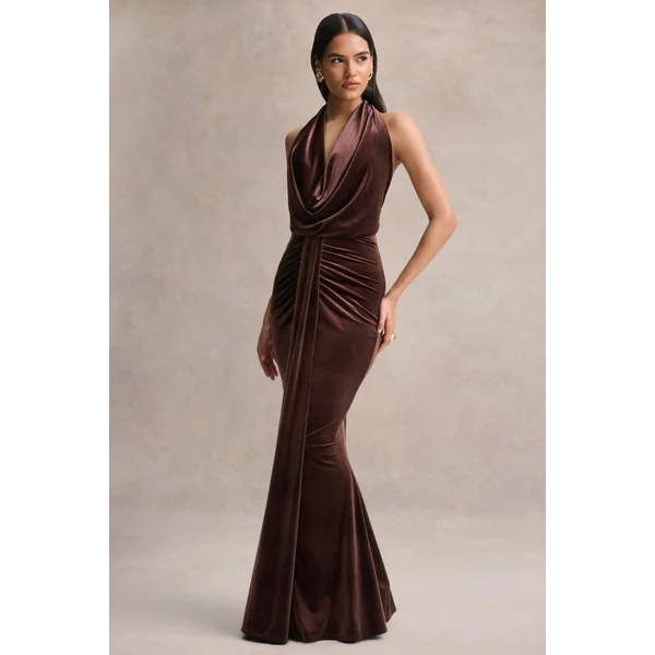 Lavernia | Robe longue brune à encolure licou avec détails froncés