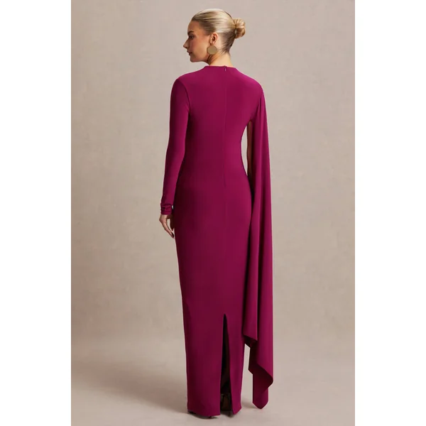 Lavinia | Robe mi-longue de maternité couleur baie à col montant et manche cape