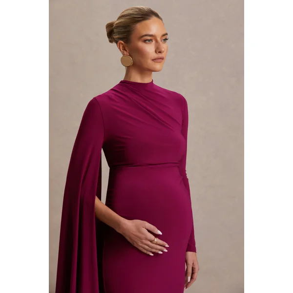 Lavinia | Robe mi-longue de maternité couleur baie à col montant et manche cape