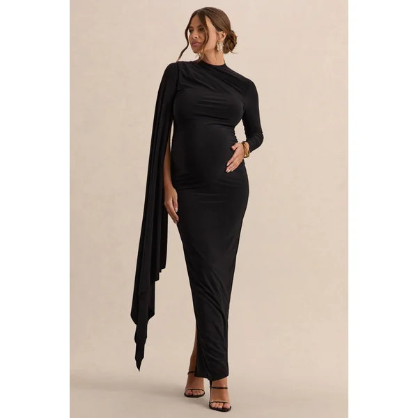 Lavinia | Robe mi-longue de maternité noire à col montant avec manche cape