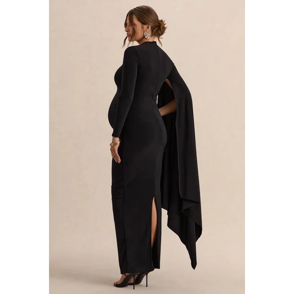 Lavinia | Robe mi-longue de maternité noire à col montant avec manche cape