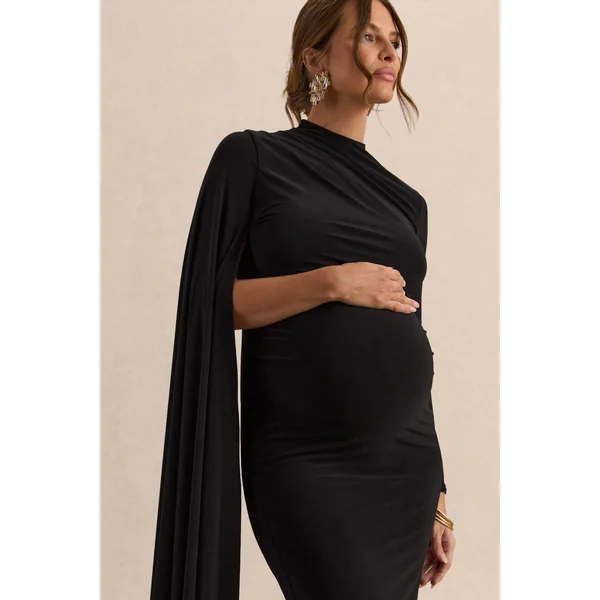 Lavinia | Robe mi-longue de maternité noire à col montant avec manche cape