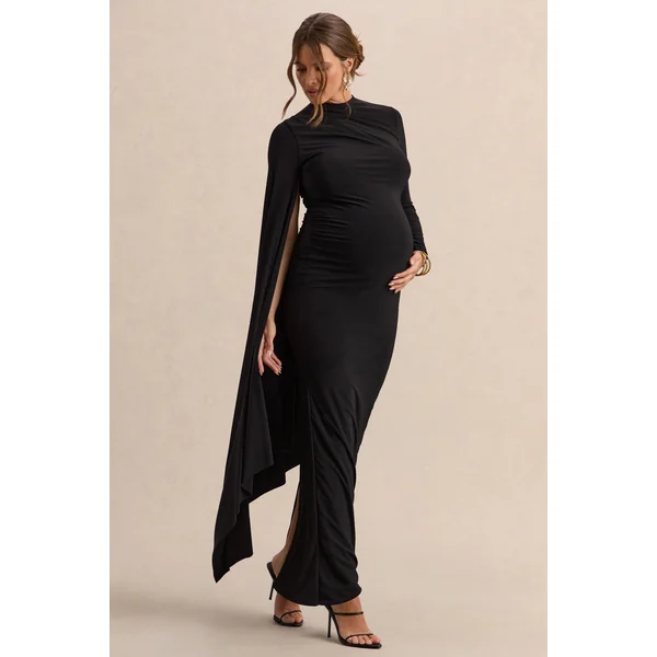 Lavinia | Robe mi-longue de maternité noire à col montant avec manche cape