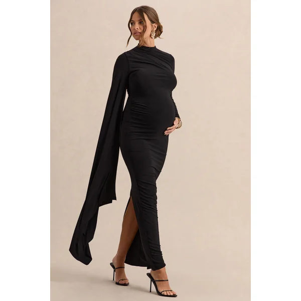 Lavinia | Robe mi-longue de maternité noire à col montant avec manche cape