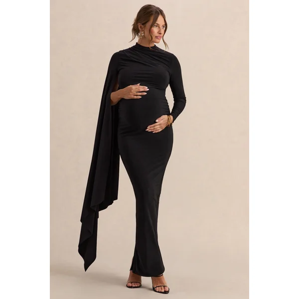 Lavinia | Robe mi-longue de maternité noire à col montant avec manche cape