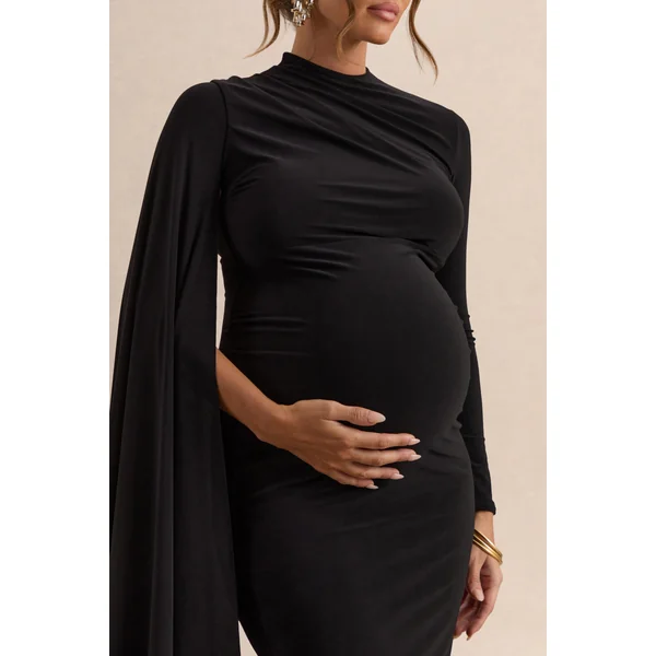 Lavinia | Robe mi-longue de maternité noire à col montant avec manche cape