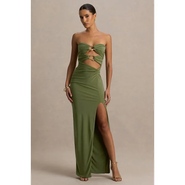 Laviza | Robe longue olive bustier avec découpes et drapé
