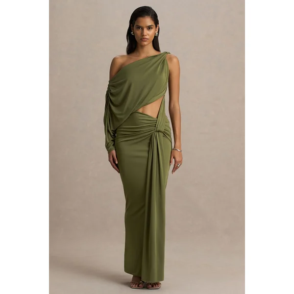 Layla | Robe longue olive à col asymétrique effet portefeuille avec découpe au corps et détails froncés