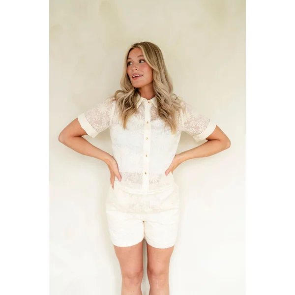 LDP - Chemise manches courtes broderie floral - crème