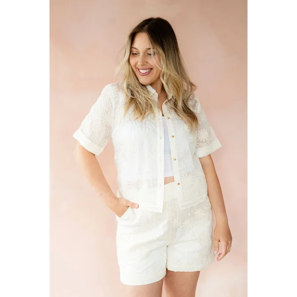 LDP - Chemise manches courtes broderie floral - crème
