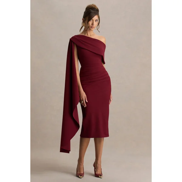 Leah | Robe mi-longue bordeaux à col asymétrique avec manche cape et drapé
