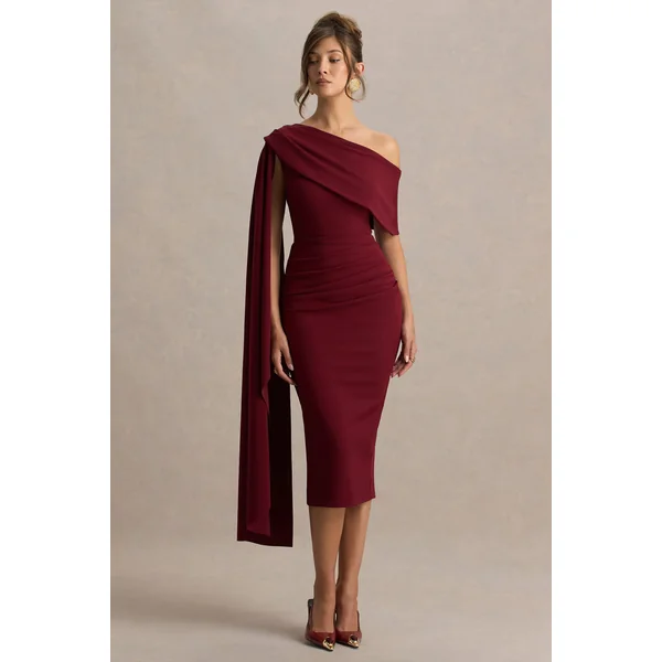 Leah | Robe mi-longue bordeaux à col asymétrique avec manche cape et drapé