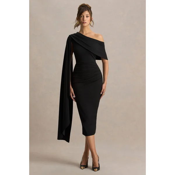 Leah | Robe mi-longue noire à col asymétrique avec manche cape et drapé