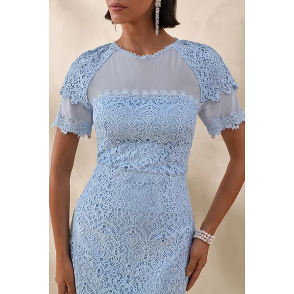 Leanne | Robe mi-longue sirène bleu poudré à encolure ronde en maille et dentelle