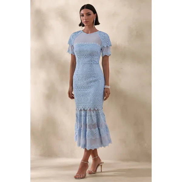 Leanne | Robe mi-longue sirène bleu poudré à encolure ronde en maille et dentelle