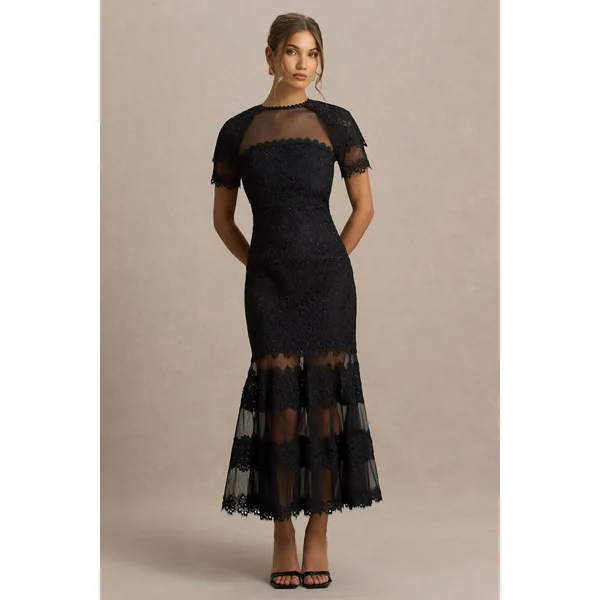 Leanne | Robe mi-longue sirène en tulle et dentelle noirs à encolure ras du cou