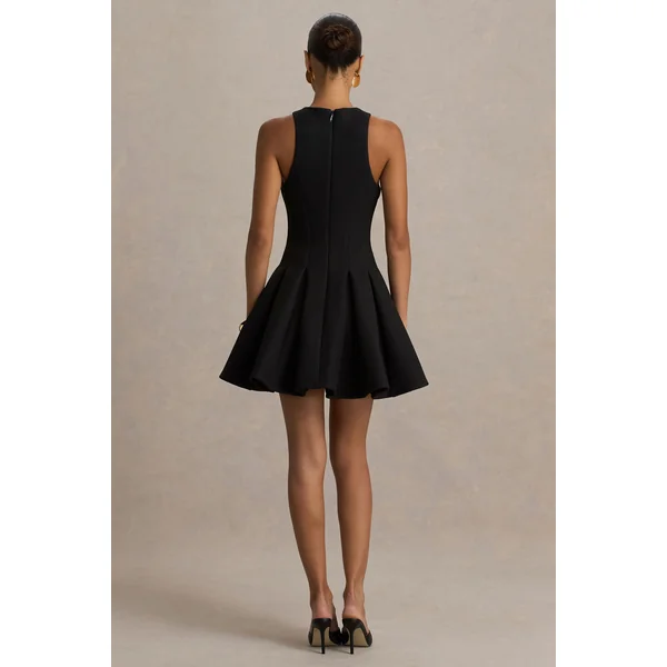 Leilani | Mini-robe noire à col montant avec détails à volants