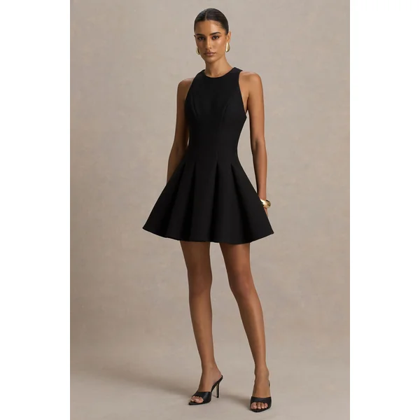 Leilani | Mini-robe noire à col montant avec détails à volants