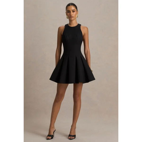 Leilani | Mini-robe noire à col montant avec détails à volants