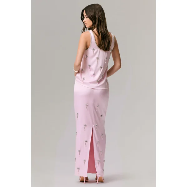Lena | Jupe Longue Satinée Rose à Taille Ornée