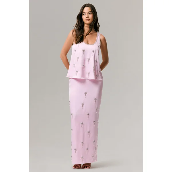 Lena | Jupe Longue Satinée Rose à Taille Ornée
