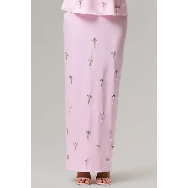 Lena | Jupe Longue Satinée Rose à Taille Ornée