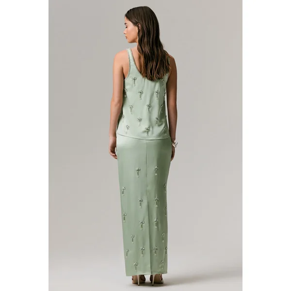 Lena | Jupe Longue Satinée Vert Menthe à Taille Ornée