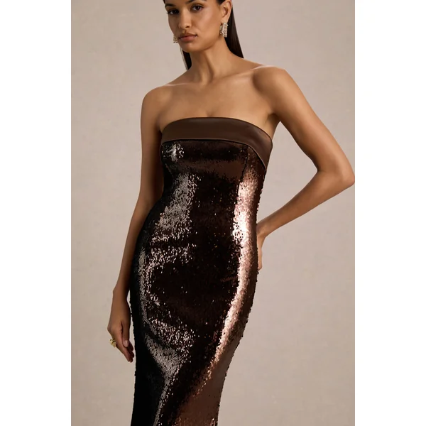 Leona | Robe longue marron à sequins avec décolleté bandeau et finitions en satin