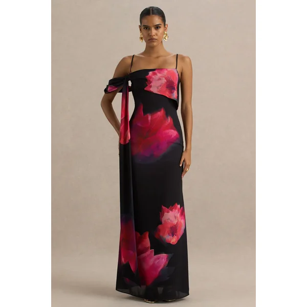 Leonara | Robe longue imprimé floral noir et rose à encolure drapée avec manche unique