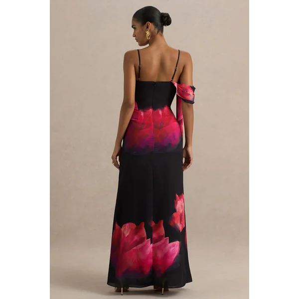 Leonara | Robe longue imprimé floral noir et rose à encolure drapée avec manche unique