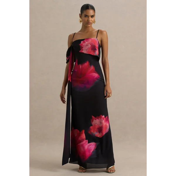 Leonara | Robe longue imprimé floral noir et rose à encolure drapée avec manche unique