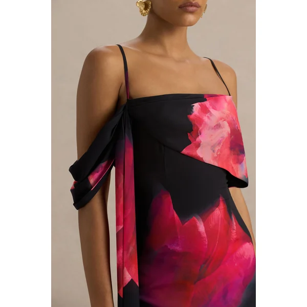 Leonara | Robe longue imprimé floral noir et rose à encolure drapée avec manche unique