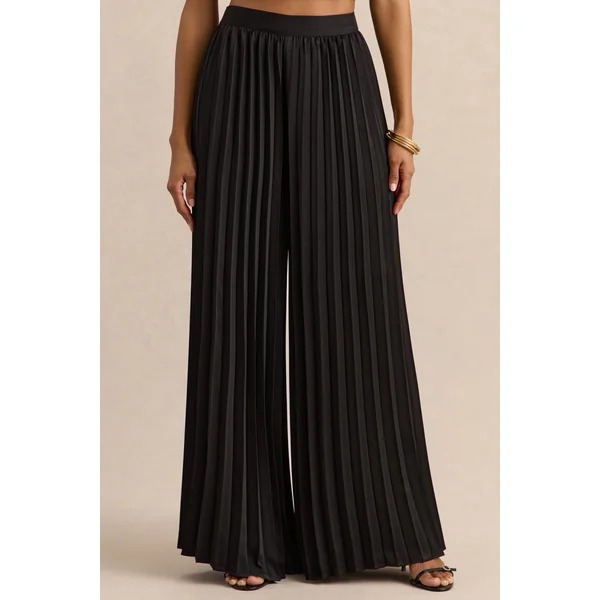 Lerenza | Pantalon noir en satin à jambes larges avec plis