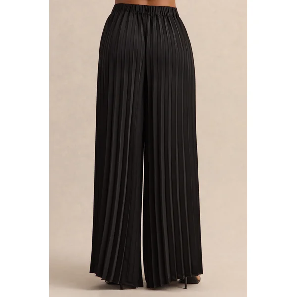 Lerenza | Pantalon noir en satin à jambes larges avec plis