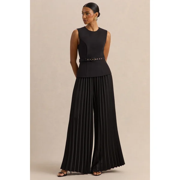 Lerenza | Pantalon noir en satin à jambes larges avec plis