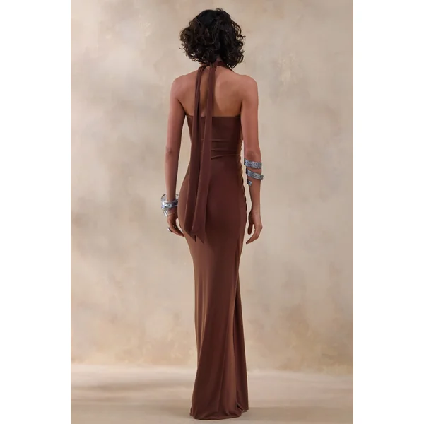 Lesley | Robe longue brune à décolleté plongeant