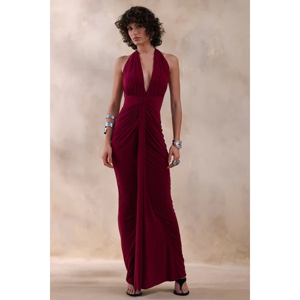 Lesley | Robe longue rouge bordeaux à décolleté plongeant