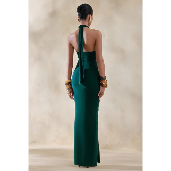 Lesley | Robe longue vert bouteille à décolleté plongeant
