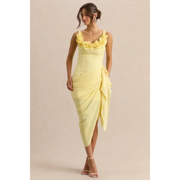 Letitia | Robe mi-longue citron portefeuille ornée à encolure arrondie